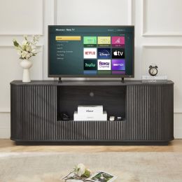64 Inch Wavy TV Stand, Rounded Sideboard, Storage Cabinet  Wooden Vertical Stripe Cabinet For Living Room Bedroom Entryway Black,64W X 15D X 24H. (Option: Black)