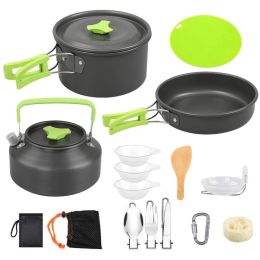16Pcs Camping Cooking Ware Set Camping Stove Cookware Kit Aluminum Pot Pan Kettle Set With Bowls Knife Fork Spoon Carabiner Spatula Cutting Board (Option: CookwareSet)