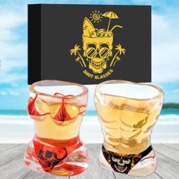 2 Pieces, Black Muscle Men's And Red Bikini Skull Style Glass Small Wine Glasses Bar Tools Christmas Gift, Halloween Gift, Birthday Gift, Company (Option: BlackRed)