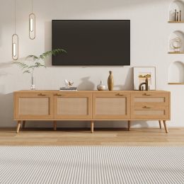 70inch Modern TV Stand With Rattan Doors For TVs Up To 80, Media Console With Storage Space, 2 Drawers & Cable Holes, Entertainment Center For Li (Option: Natural Wood)