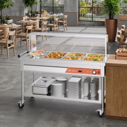 5 Pans + 2 Pots Commercial Food Warmer Steam Table With Undershelf Shield (Option: Silver)