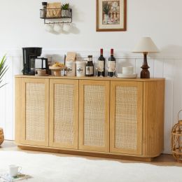 64-inch Wave Shaped TV Stand, Rounded Corner Sideboard, Storage Cabinet, Buffet, Wood Vertical Striped Cabinet With Rattan Doors For Kitchen Bedr (Option: Natural)