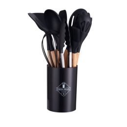 11pcs Wooden Handle Silicone Kitchen Utensils Set Storage Bucket Non-stick Shovel Spoon Cooking Kitchen Utensils 11 Pieces Set Silicone Shovel Sp (Color: Black)