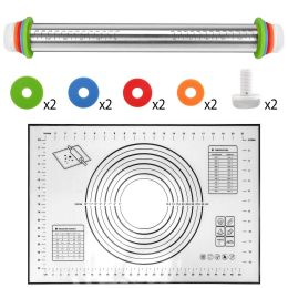 Dough Rolling Pin Dough Roller Stainless Steel Rolling Pins with 4 Removable Adjustable Thickness Rings and Rolling Mat (Color: Black)