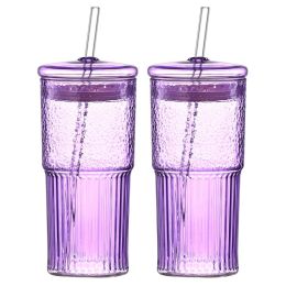 20 Oz 2-pack Purple Glass Straw Cup With Vertical Pattern Cup And Lid, High Borosilicate Heat-resistant Glass Cup For Juice, Milk And Cold Drinks (Option: Purple)